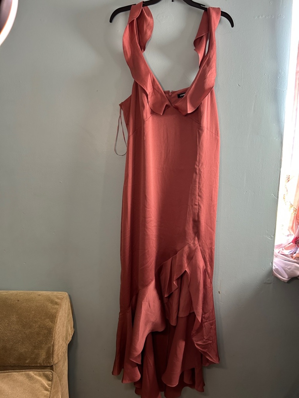 Express Rust Ruffle-Trim High-Low Slip Dress - Picture 2 of 6